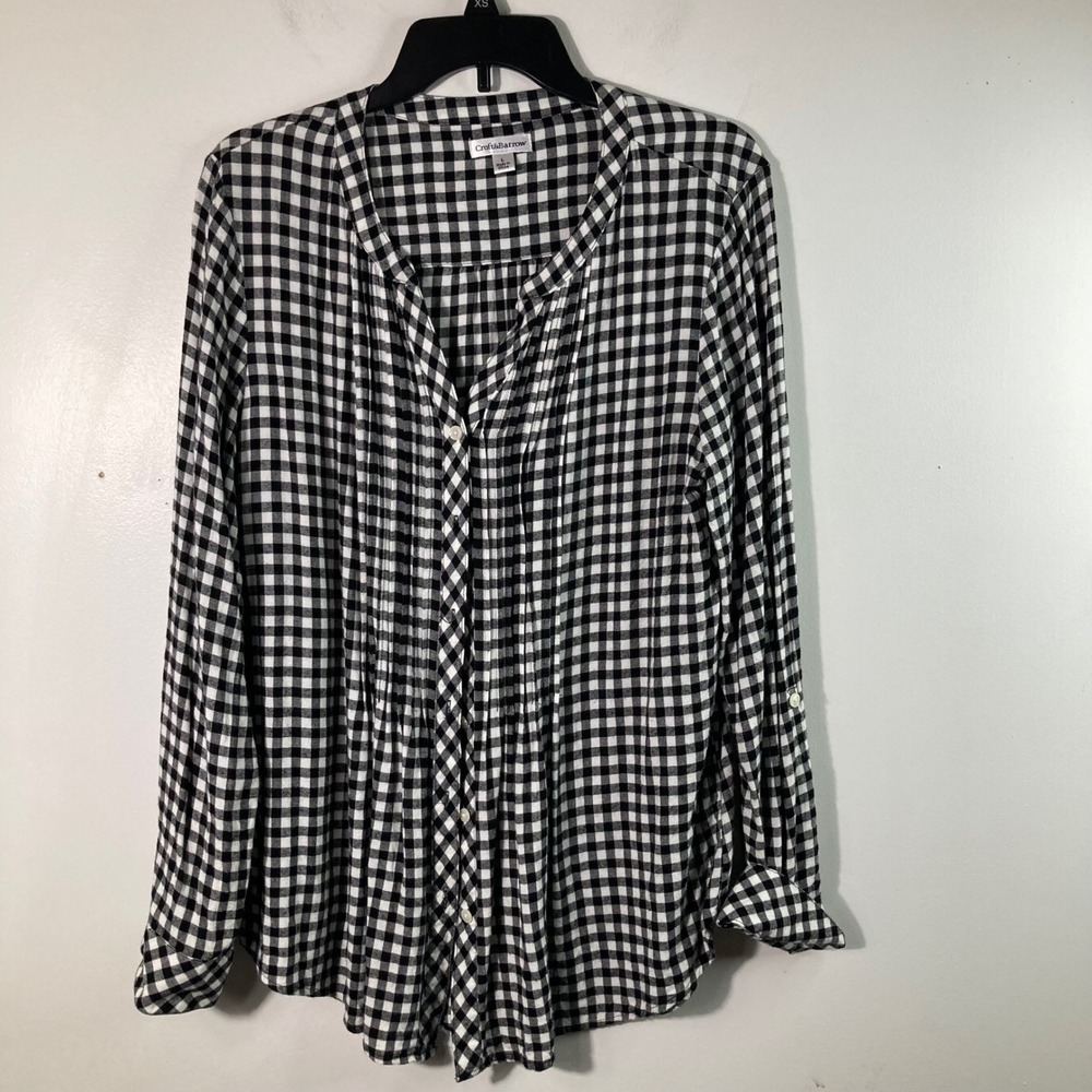 Womens Croft & Barrow V Neck Pleat Front‎ Flannel Gingham Shirt L Black White